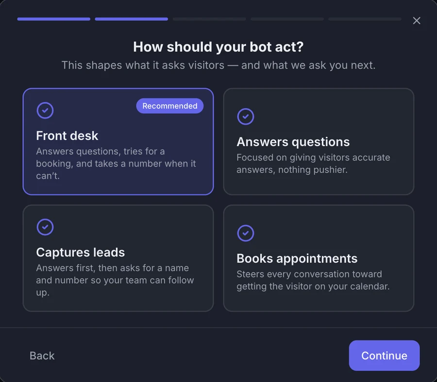 Kuripan setup screen: choose how your bot should act, such as Front desk, Answers questions, Captures leads or Books appointments